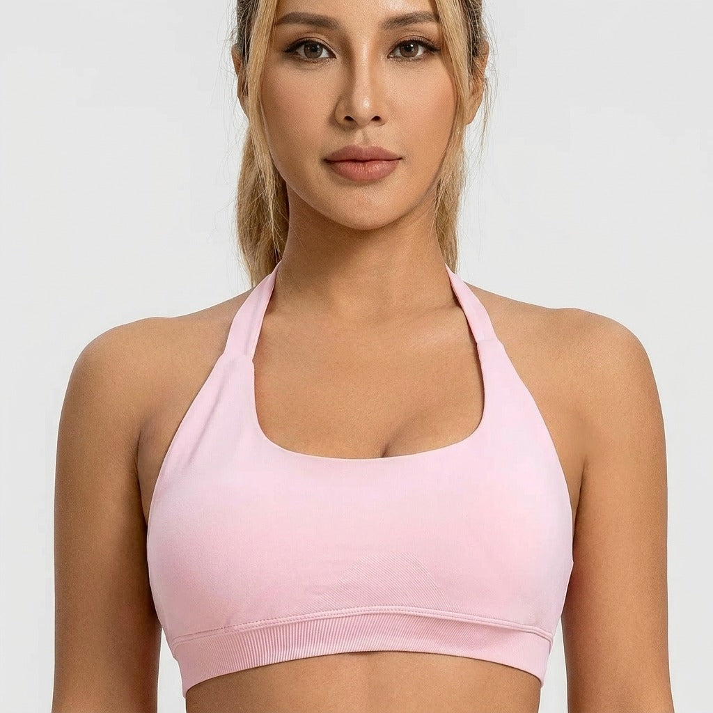 Kaia Seamless Halter Neck Sports Bra Pink Close Front