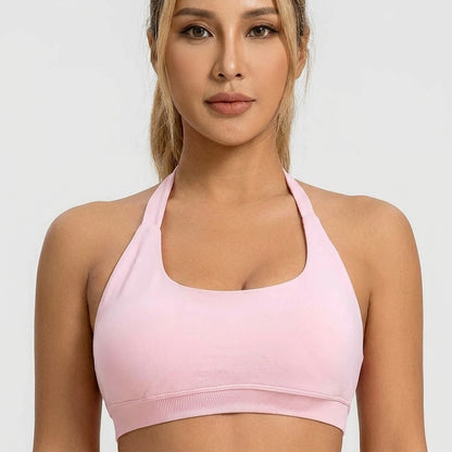 Kaia Seamless Halter Neck Sports Bra Pink Close Front