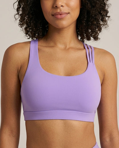 Kira Strappy Crossback Yoga Bra Lavender Front Close Detail
