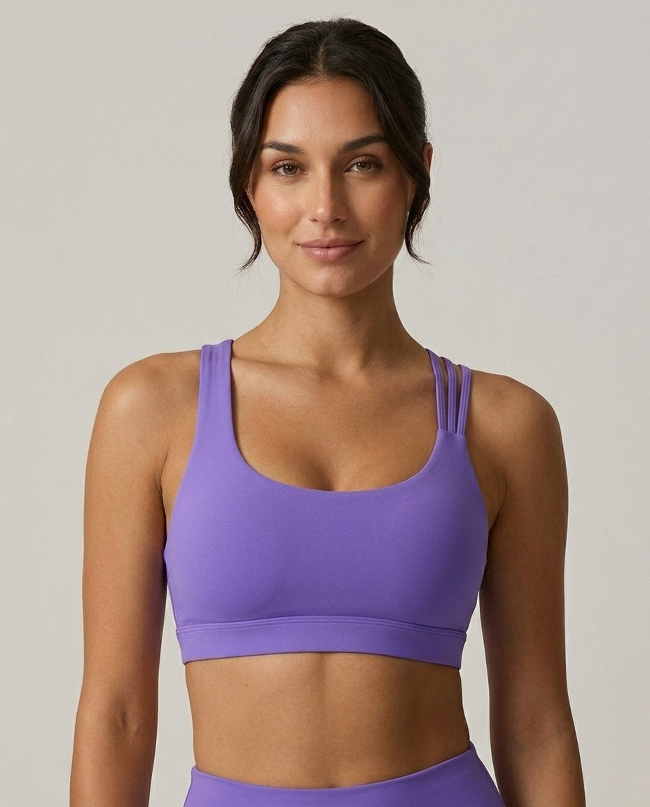 Kira Strappy Crossback Yoga Bra Purple Front Close Detail