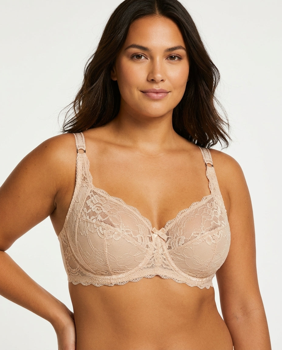 Lena Longline Lace Underwire Bra Beige Model Front