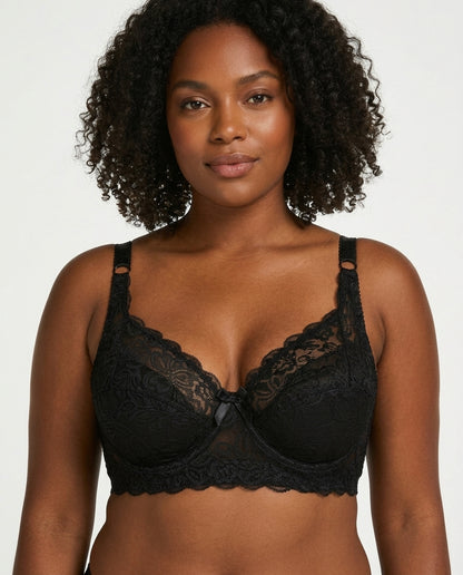 Lena Longline Lace Underwire Bra Black Front Close Detail