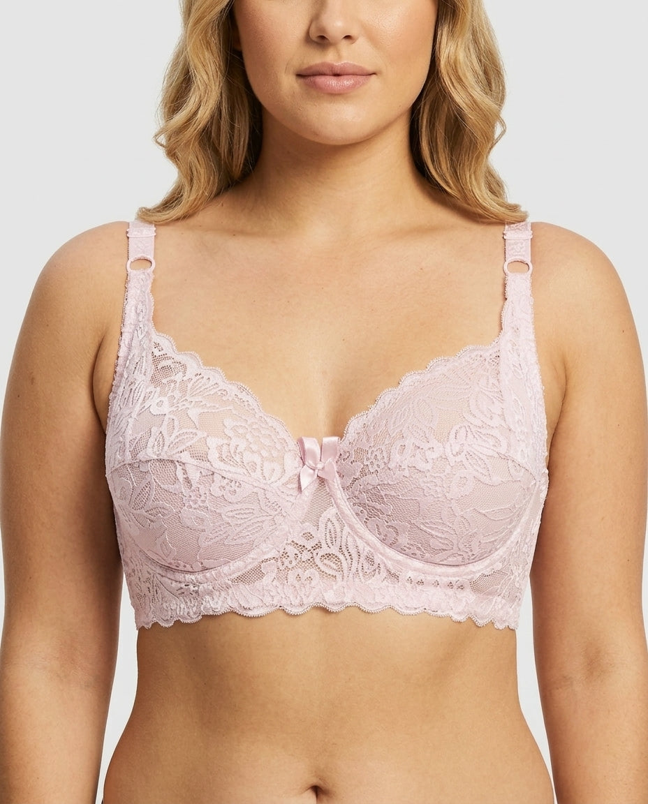 Lena Longline Lace Underwire Bra Pale Pink Front Close Detail