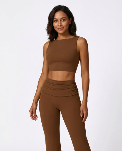 Mara High Neck Yoga Flare Set Mocha Brown Hero Front Australian Model