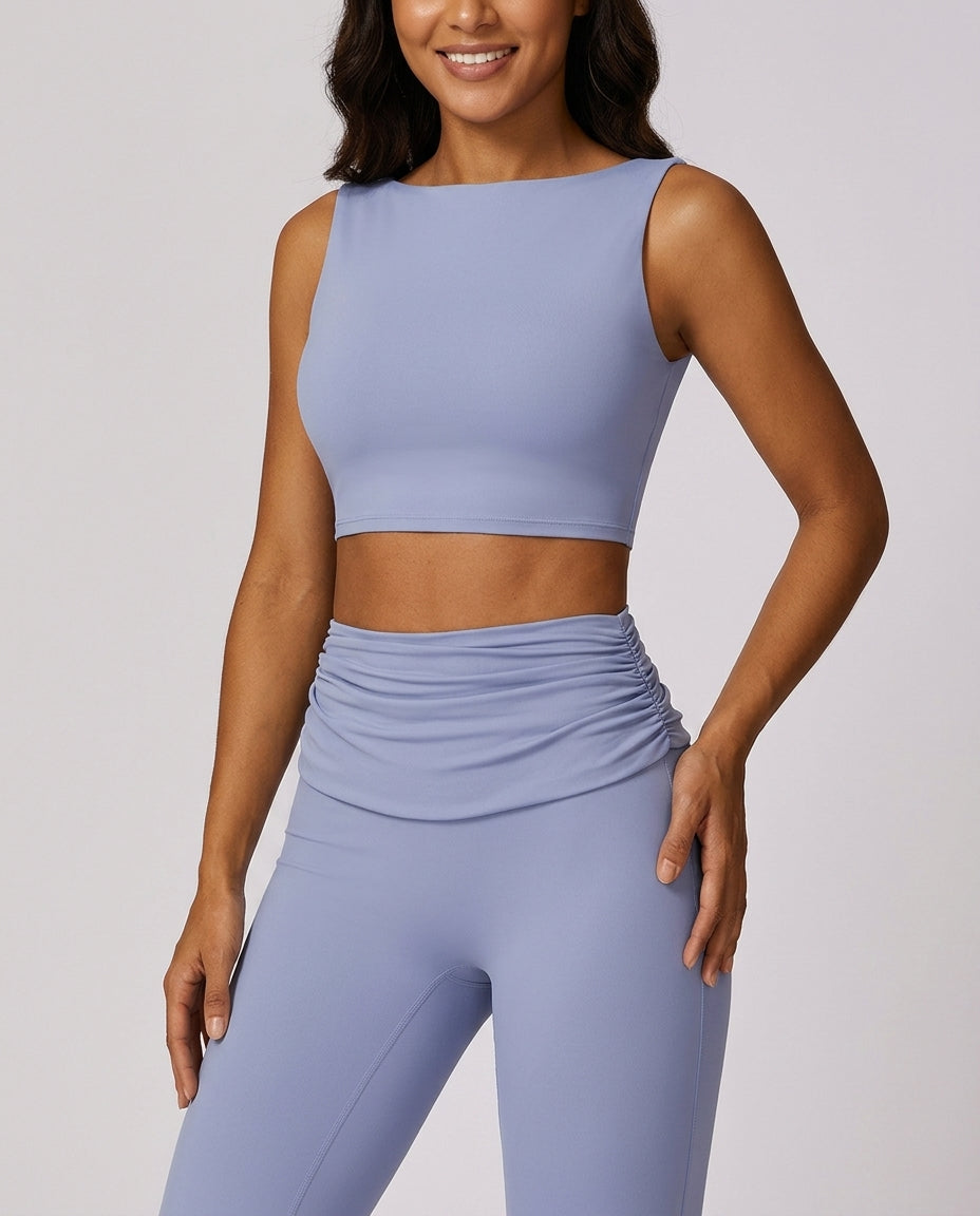 Mara High Neck Yoga Flare Set Periwinkle Blue Hero Front Australian Model