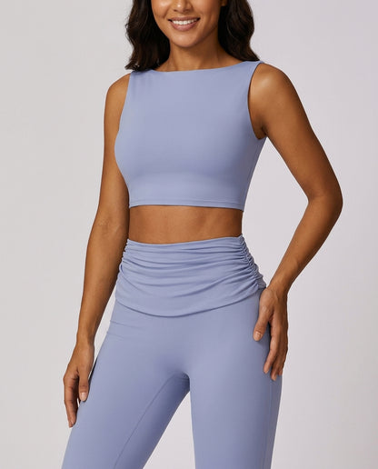 Mara High Neck Yoga Flare Set Periwinkle Blue Hero Front Australian Model