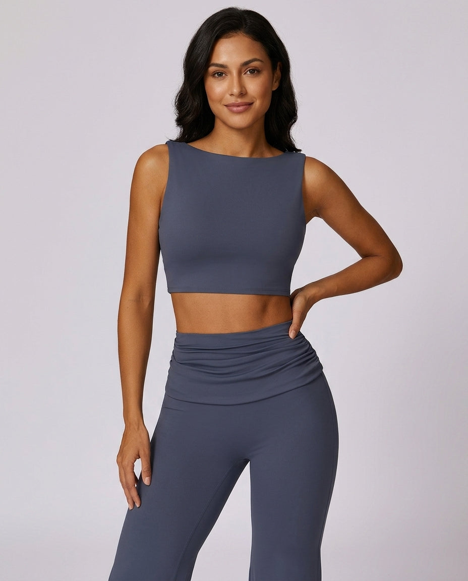 Mara High Neck Yoga Flare Set Slate Gray Hero Front Australian Model