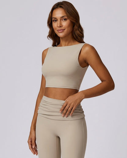 Mara High Neck Yoga Flare Set Taupe Beige Hero Front Australian Model