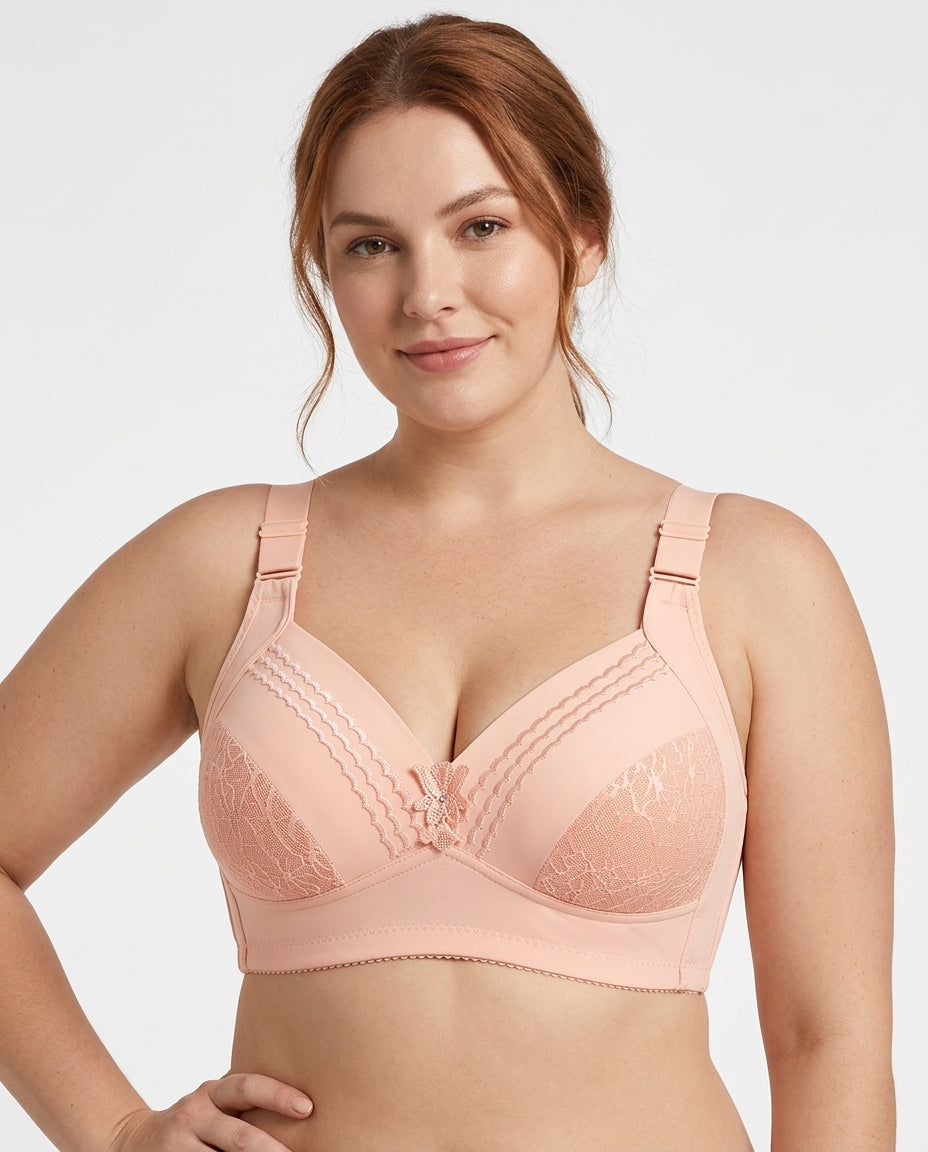 Nadia Wireless Full Coverage Bra Peach Pink Hero Front Australian Model
