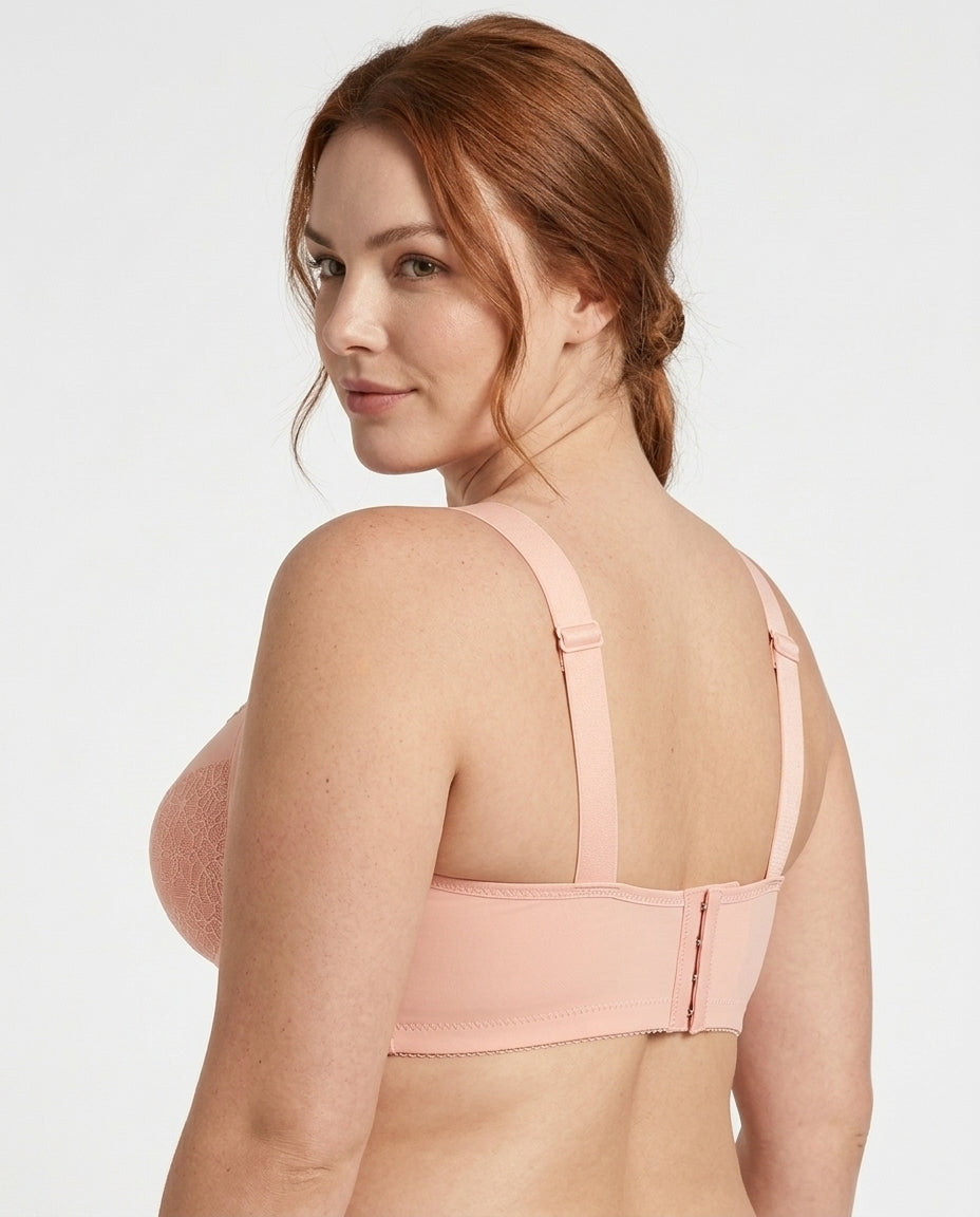 Nadia Wireless Full Coverage Bra Peach Pink Side Back Wide Strap Hook Detail