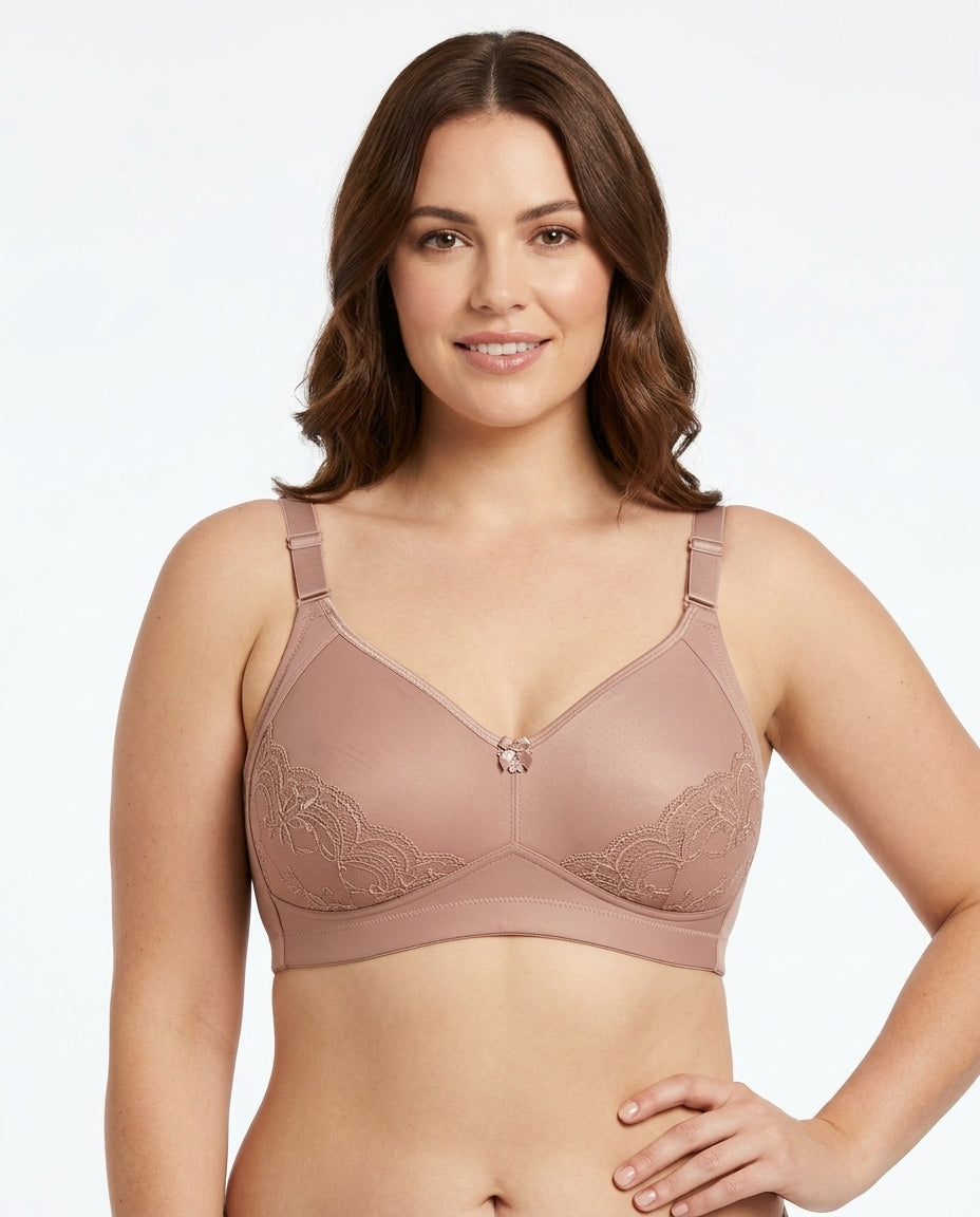 Nadia Wireless Full Coverage Bra Warm Taupe Hero Front Australian Model