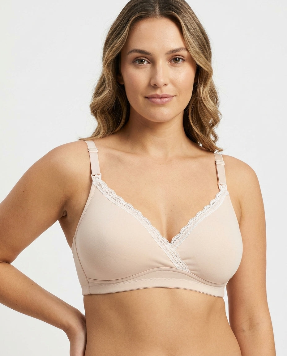 Natalie Drop Cup Lace Wirefree Nursing Bra Nude Beige Hero Front Australian Model