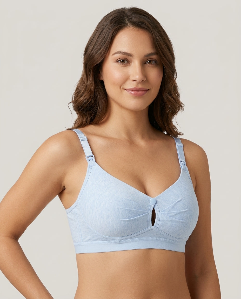 Nella Wirefree Clip Down Nursing Bra Light Blue Hero Front Australian Model