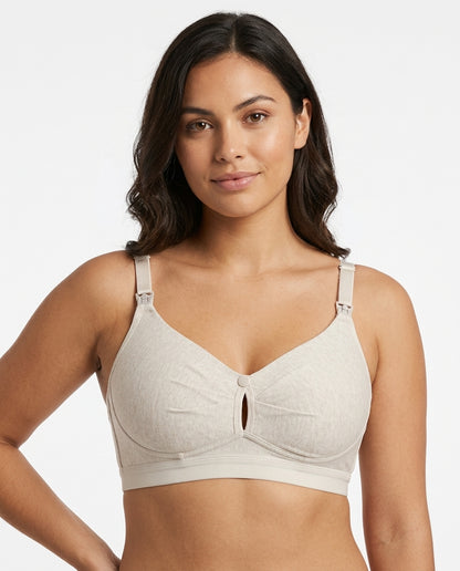 Nella Wirefree Clip Down Nursing Bra Oatmeal Beige Hero Front Australian Model