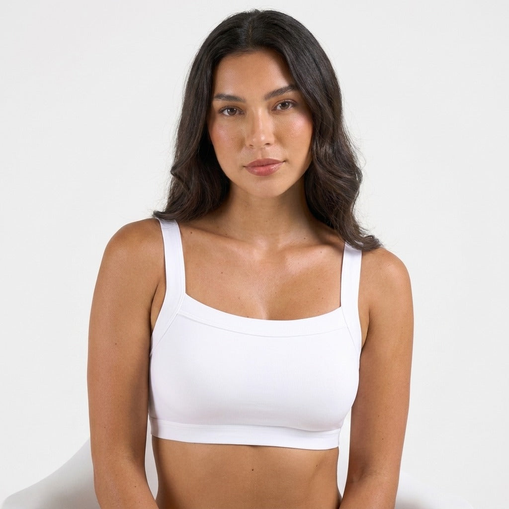 Nova Seamless Wire Free Crop Sports Bra White Seated Front