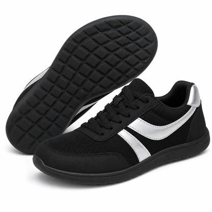 Orlena Roomy Toe Walking Shoes For Women Black Silver Front Hero Pair Sole