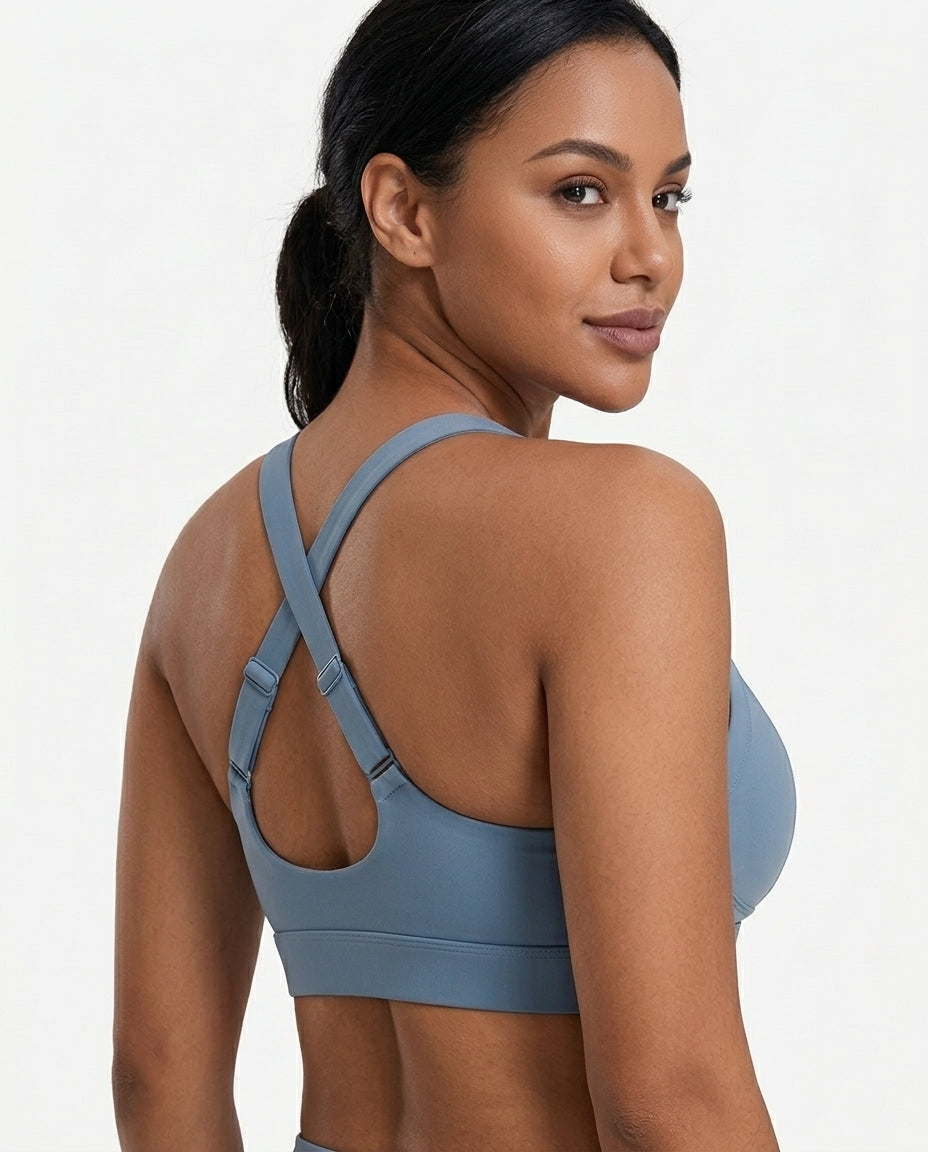 Rina X Back Support Sports Bra Steel Blue Side Back X Strap Detail
