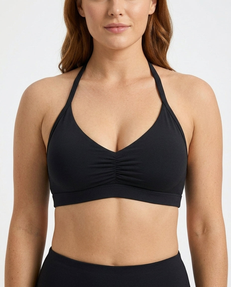 Romy Ruched Halter Bralette Black Ruched Detail