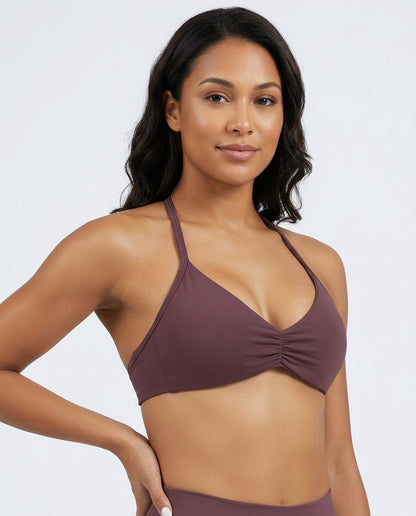 Romy Ruched Halter Bralette Brown Model Front