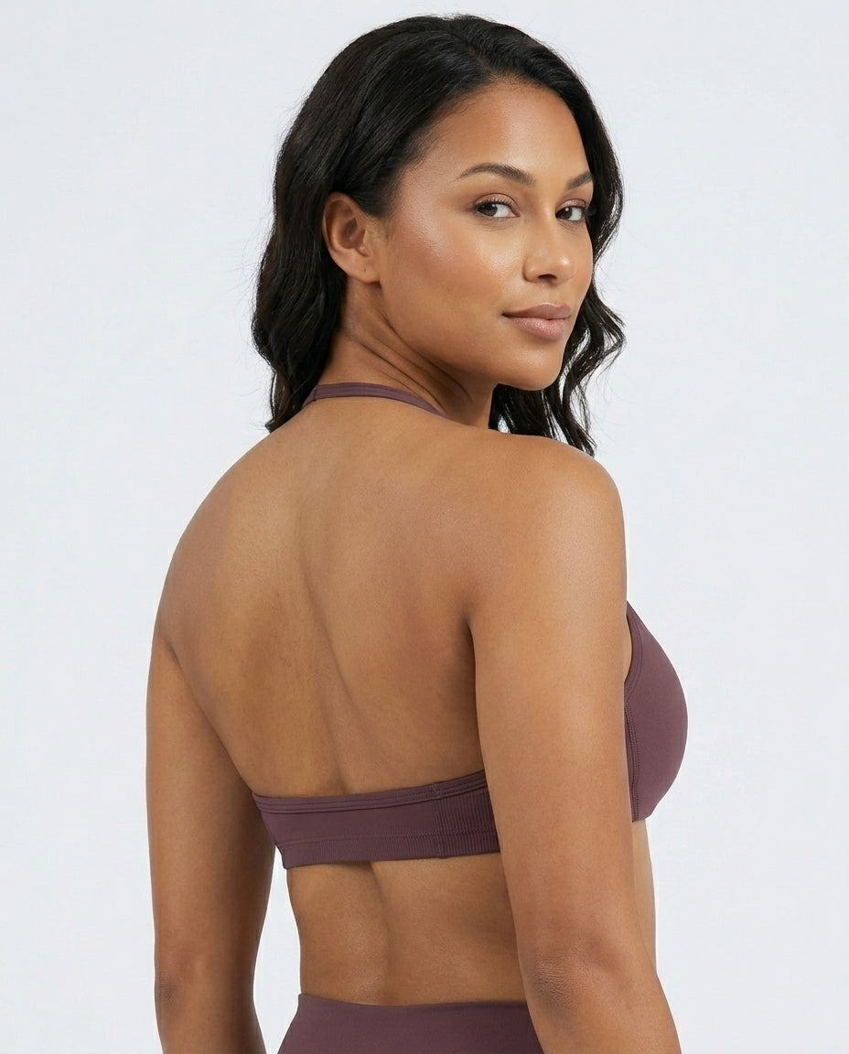 Romy Ruched Halter Bralette Brown Open Back View