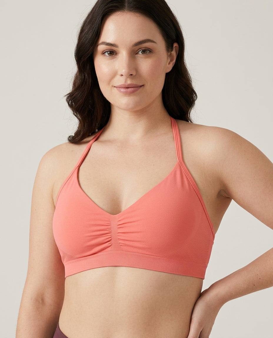 Romy Ruched Halter Bralette Coral Pink Model Front
