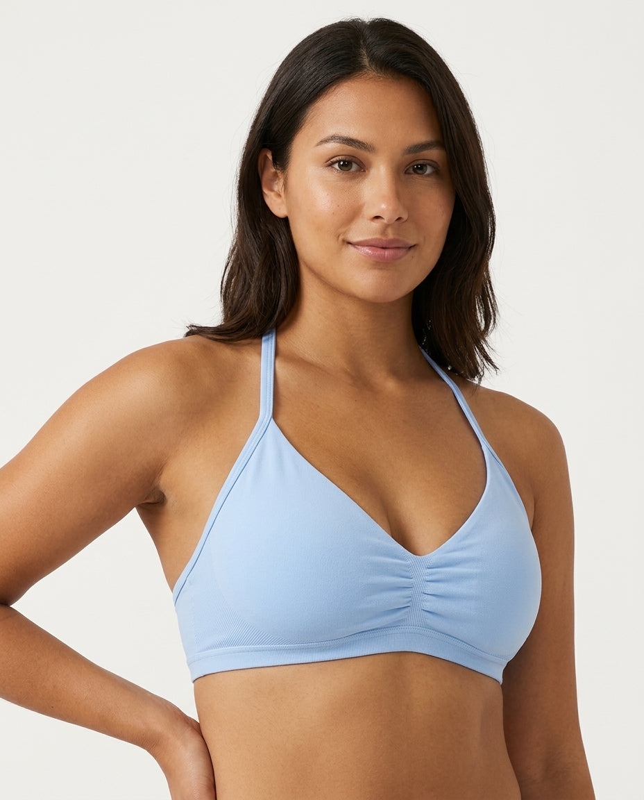 Romy Ruched Halter Bralette Light Blue Model Front