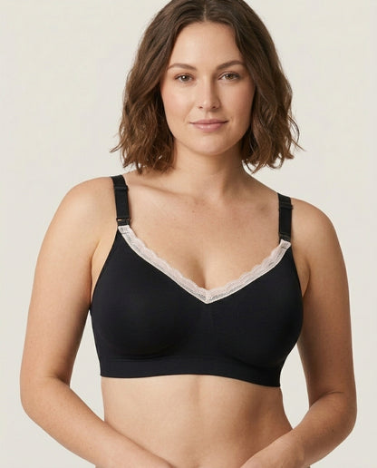 Ruby Seamless Wireless Lace Nursing Bra Black Front Close Product Detail