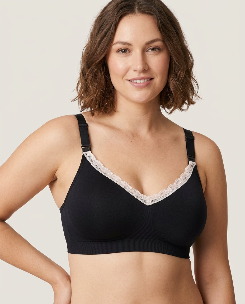 Ruby Seamless Wireless Lace Nursing Bra Black Hero Front Australian Model