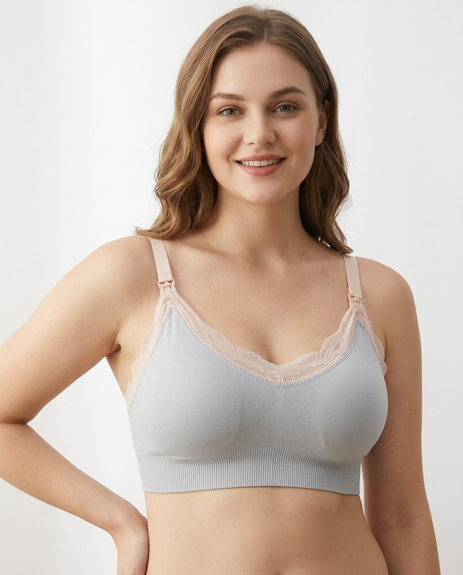 Ruby Seamless Wireless Lace Nursing Bra Gray Hero Front Australian Model