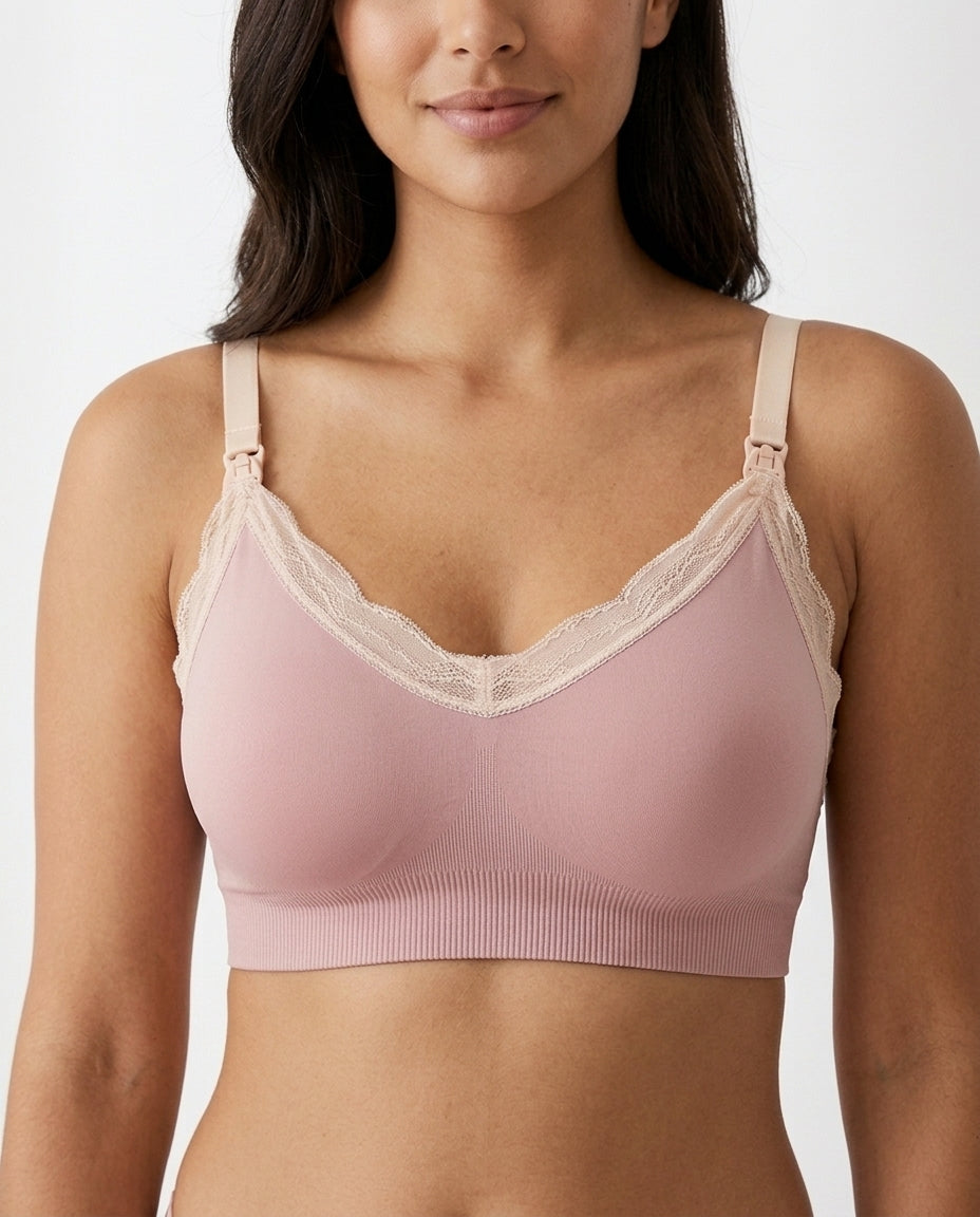 Ruby Seamless Wireless Lace Nursing Bra Soft Pink Front Close Product Detail
