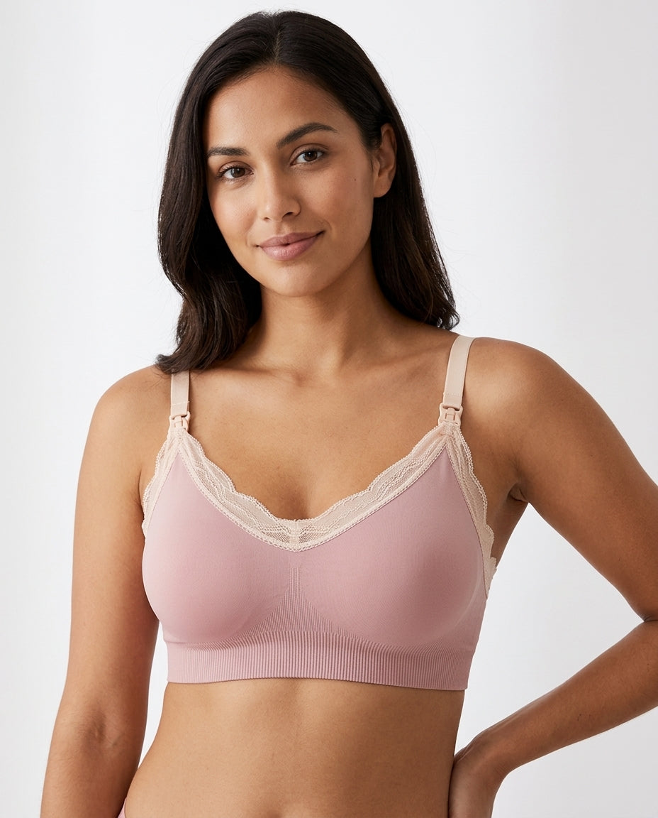 Ruby Seamless Wireless Lace Nursing Bra Soft Pink Hero Front Australian Model