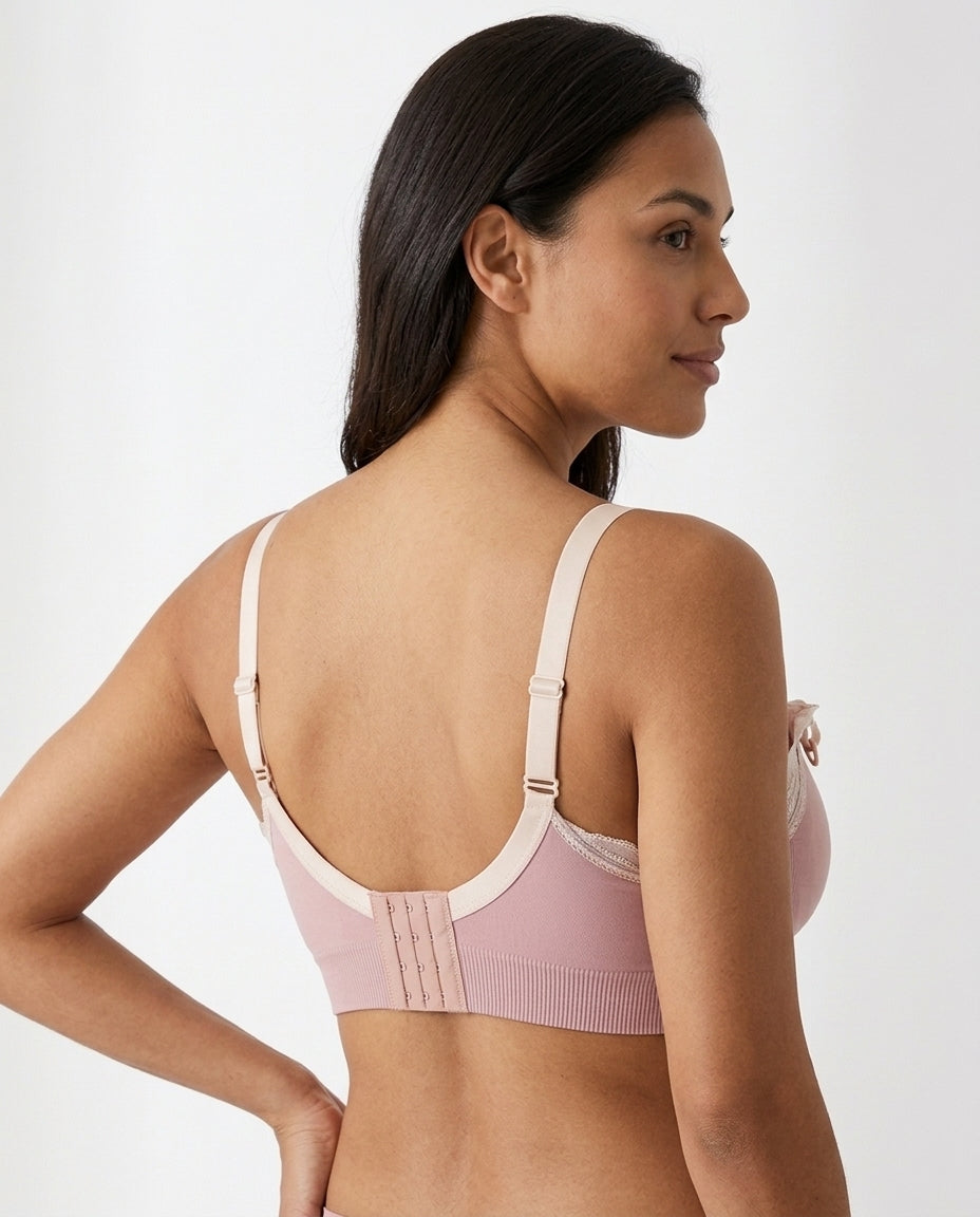 Ruby Seamless Wireless Lace Nursing Bra Soft Pink Side Back Hook Strap Detail