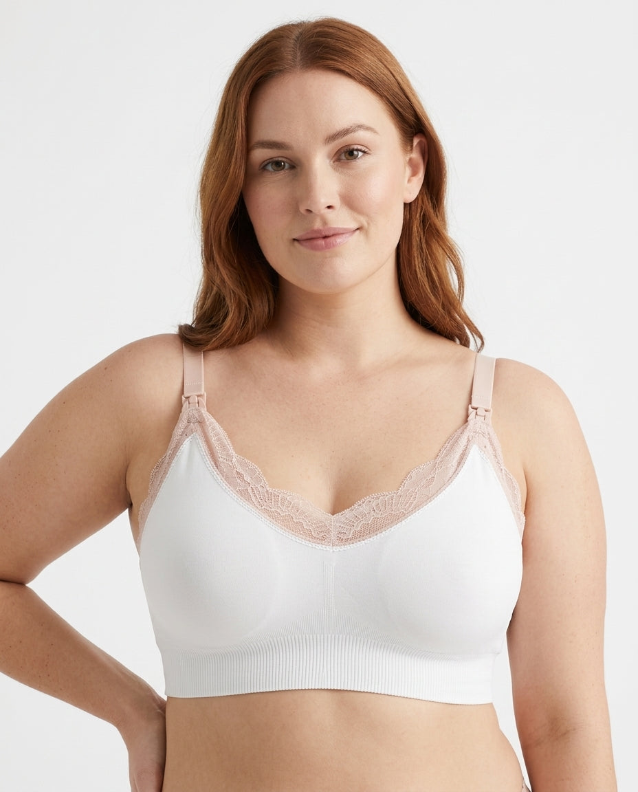 Ruby Seamless Wireless Lace Nursing Bra White Hero Front Australian Model