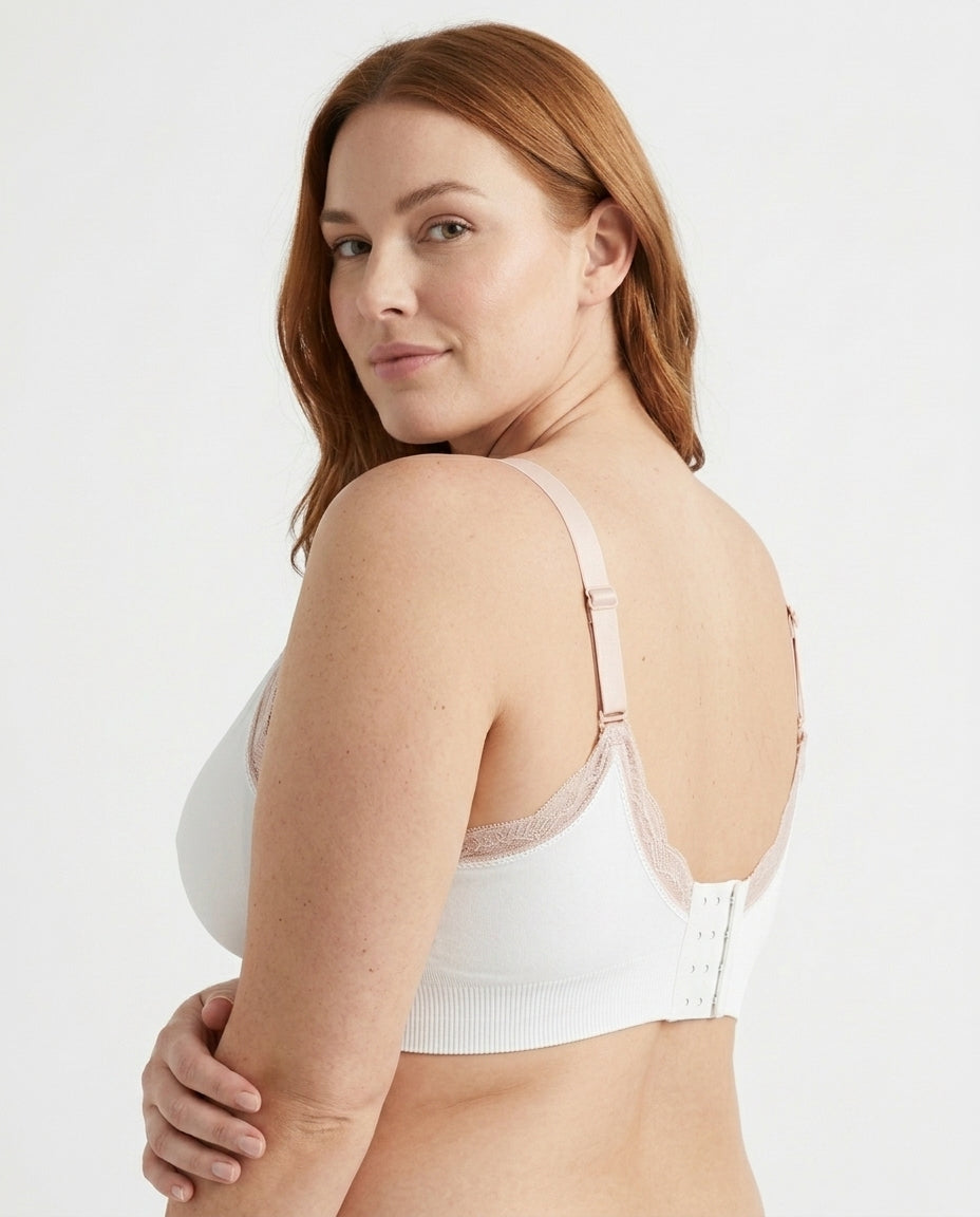 Ruby Seamless Wireless Lace Nursing Bra White Side Back Hook Strap Detail