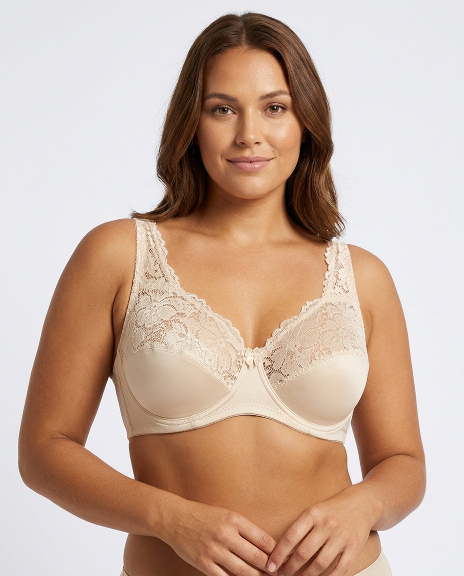 Serena Lace Floral Support Bra Beige Champagne Hero Front Australian Model