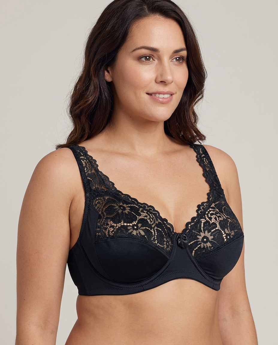 Serena Lace Floral Support Bra Black Hero Front Australian Model