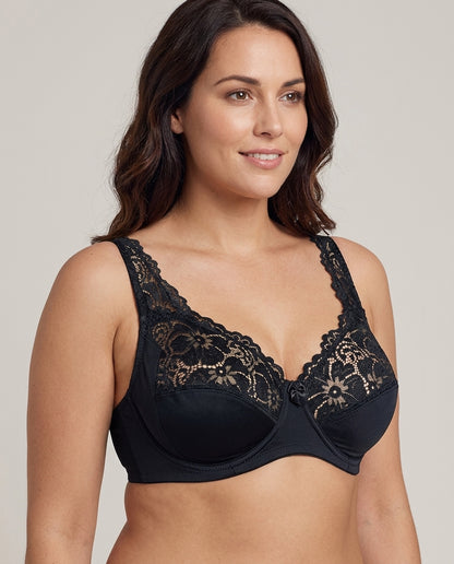 Serena Lace Floral Support Bra Black Hero Front Australian Model