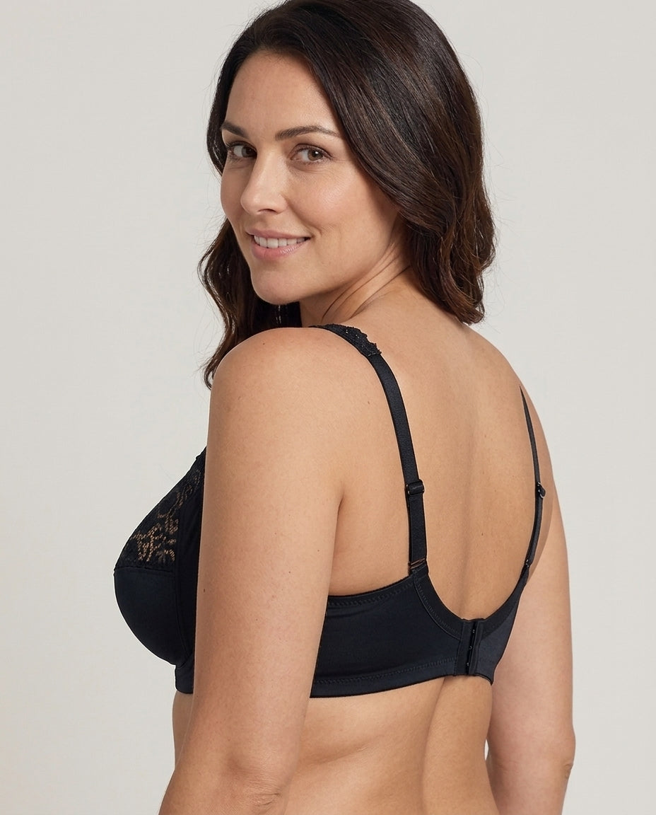 Serena Lace Floral Support Bra Black Side Back Hook Strap Detail