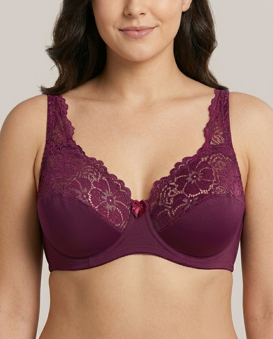 Serena Lace Floral Support Bra Burgundy Wine Front Close Product Detail