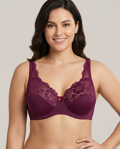Serena Lace Floral Support Bra Burgundy Wine Hero Front Australian Model