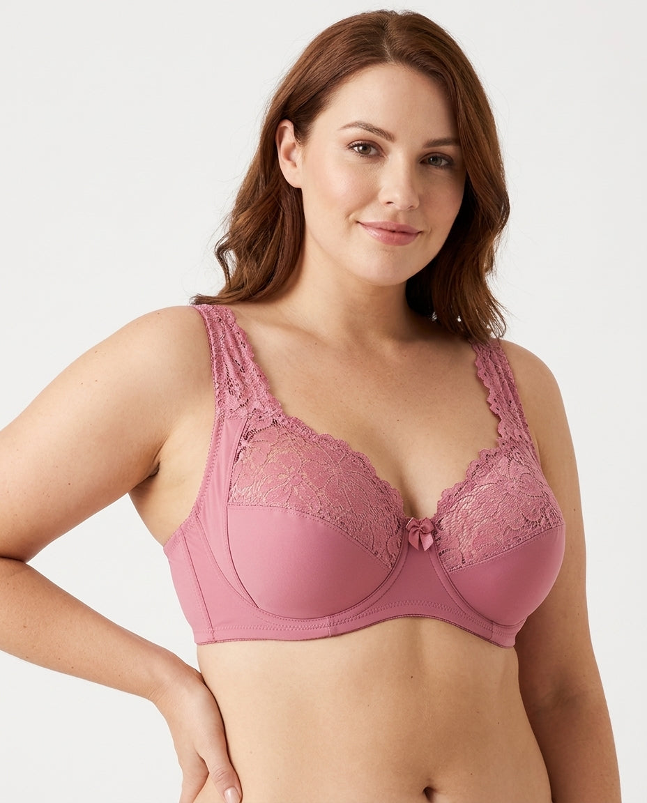 Serena Lace Floral Support Bra Dusty Rose Hero Front Australian Model