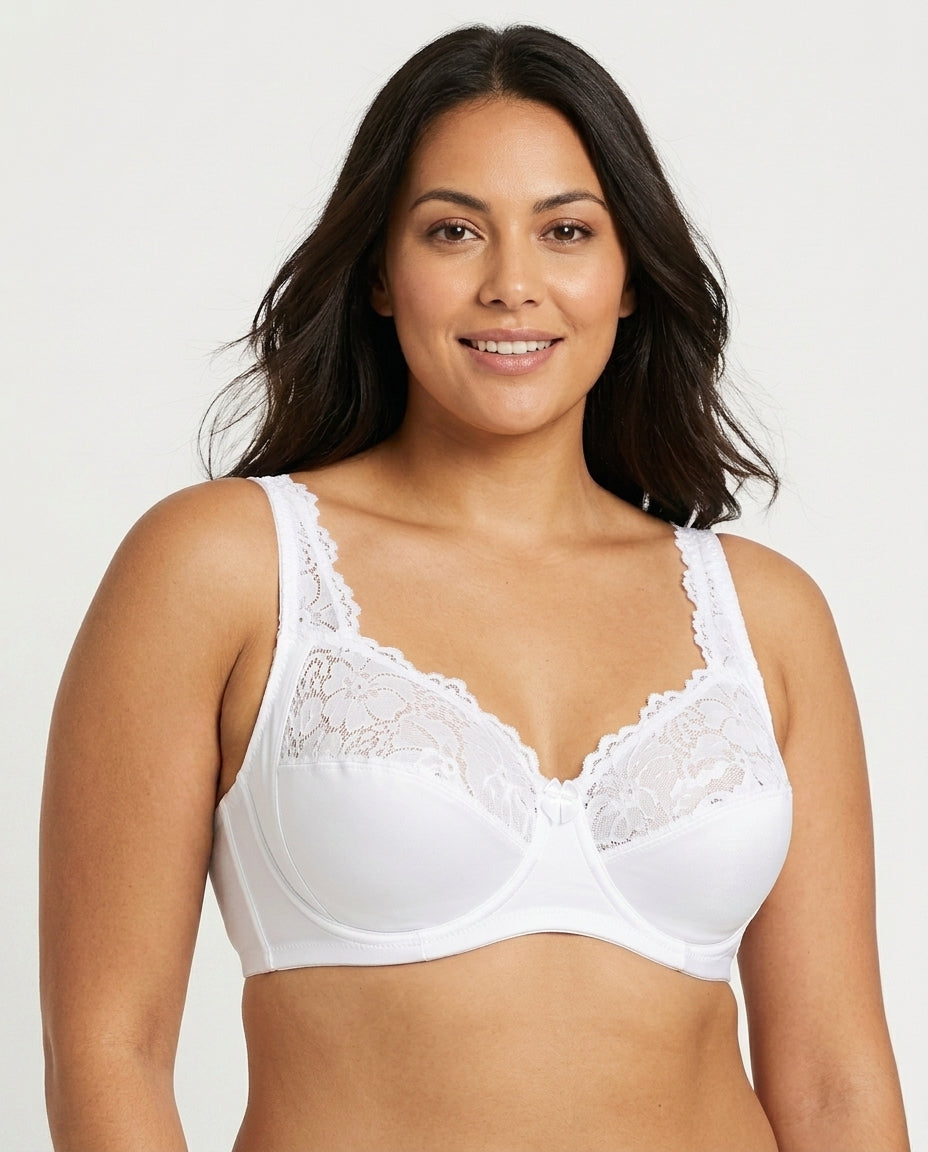 Serena Lace Floral Support Bra White Front Close Product Detail