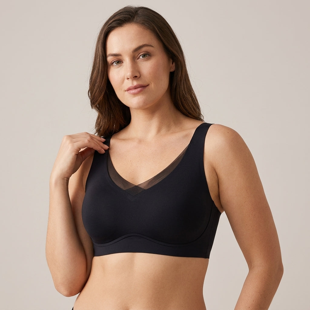 Soletta Wireless Lift V Neck Mesh Bra Black Lifestyle Front