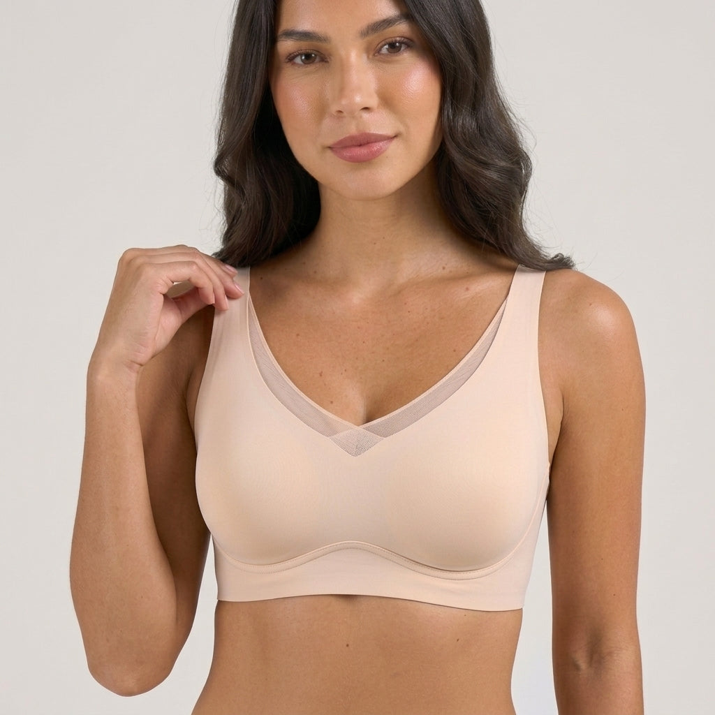 Soletta Wireless Lift V Neck Mesh Bra Nude Lifestyle Front