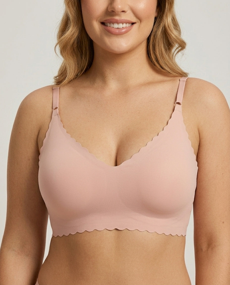 Sora Scalloped V Neck Bralette Blush Pink Front Close Detail