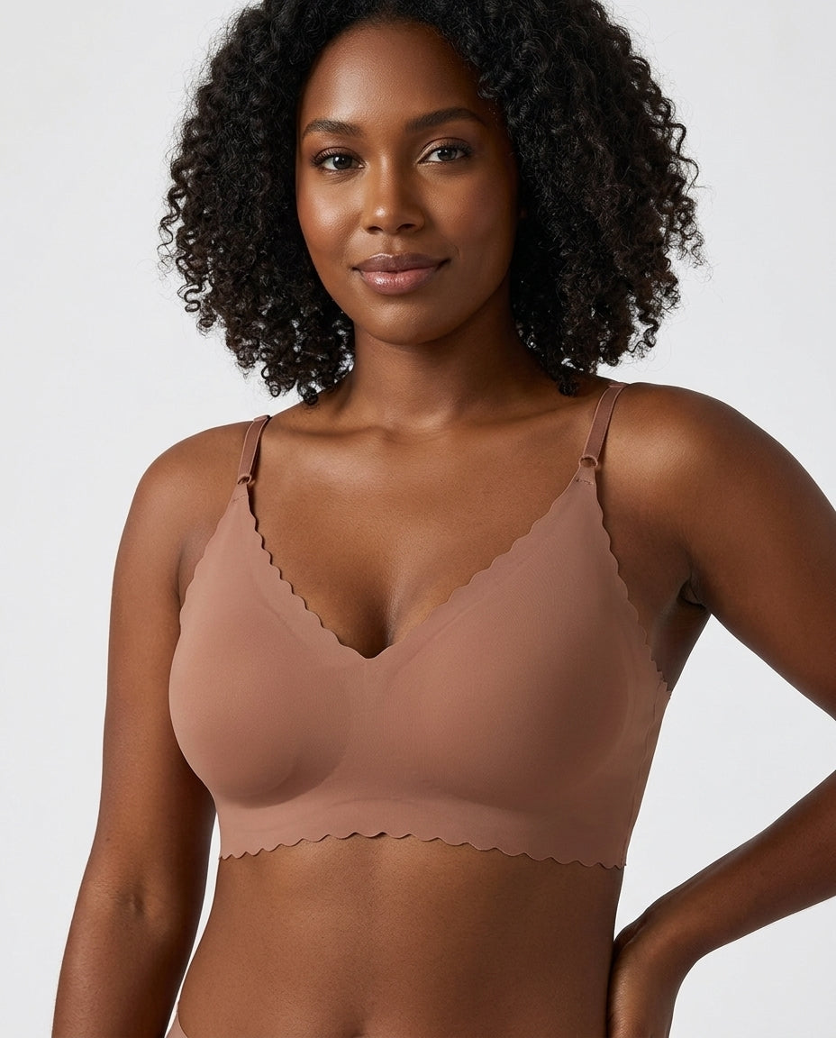 Sora Scalloped V Neck Bralette Brown Model Front