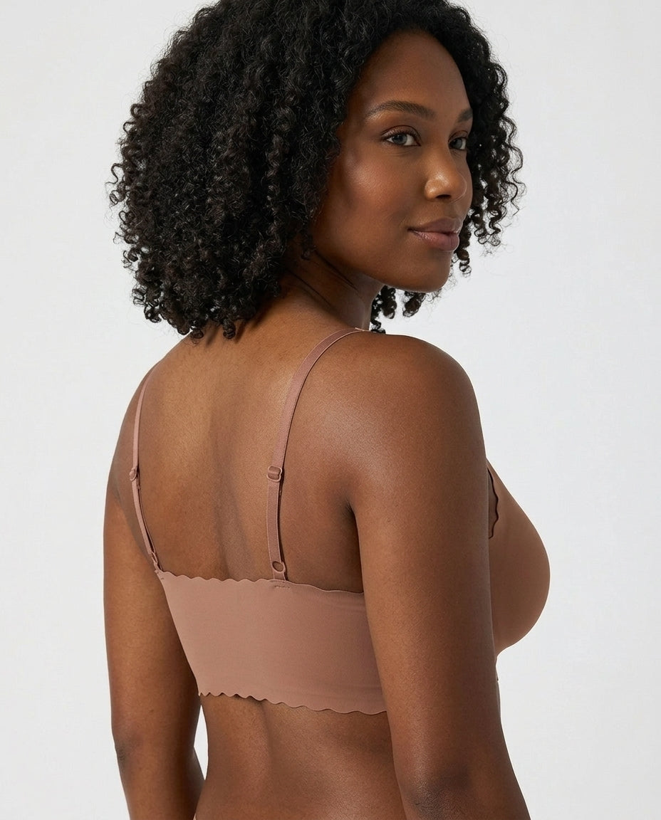Sora Scalloped V Neck Bralette Brown Side Back Scalloped Detail