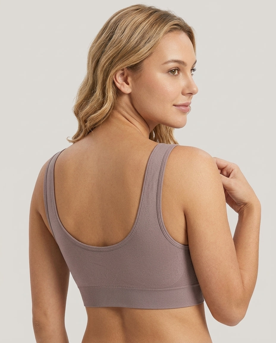 Tessa Seamless Scoop Yoga Bra Mauve Taupe Back Low U Scoop Underband Detail