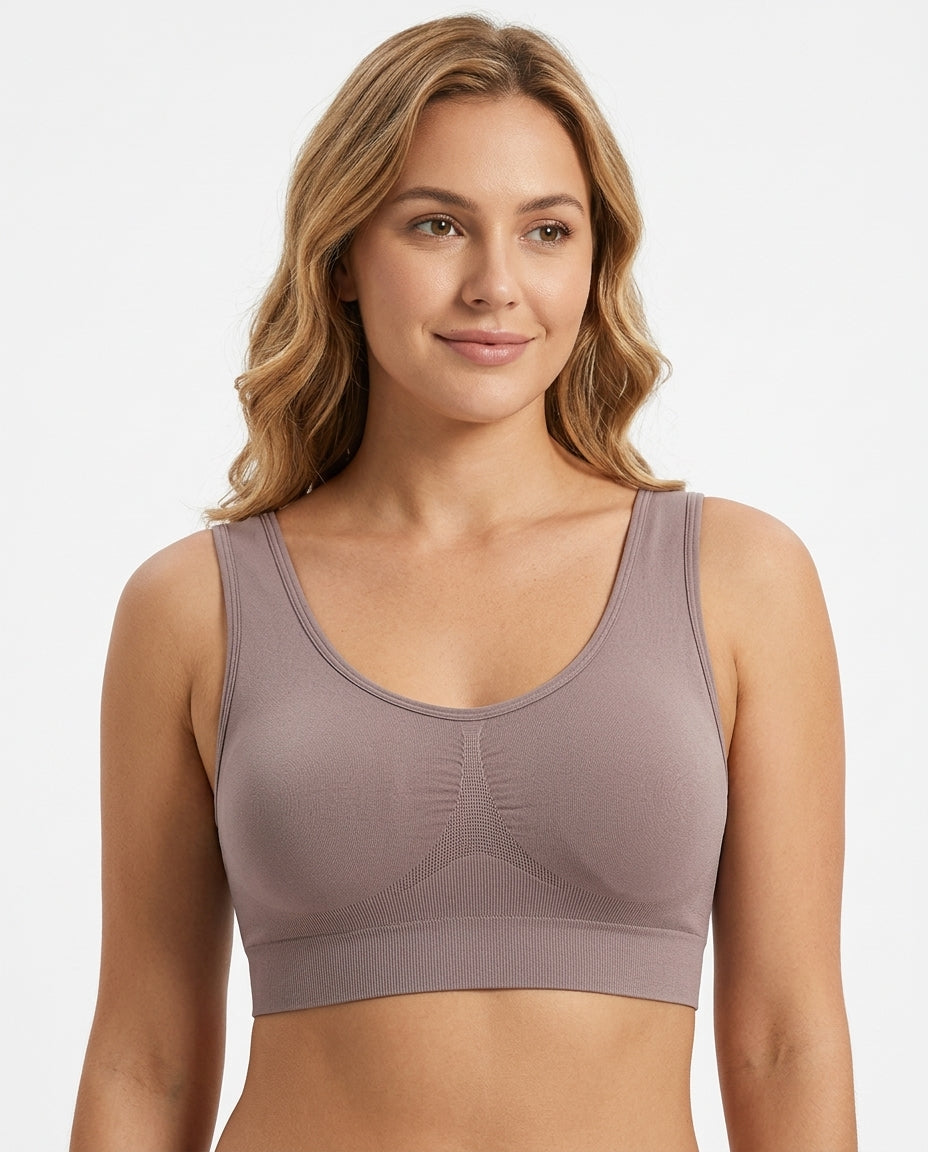 Tessa Seamless Scoop Yoga Bra Mauve Taupe Hero Front Australian Model