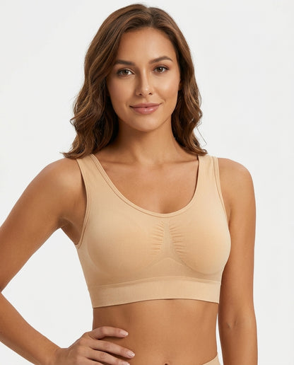 Tessa Seamless Scoop Yoga Bra Nude Beige Hero Front Australian Model